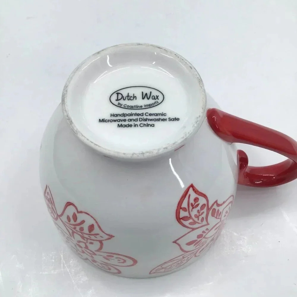 Dutch Wax Coffee Tea Mug Cup Hand-Painted Wisconsin Red White Floral Cottagecore - Picture 8 of 8